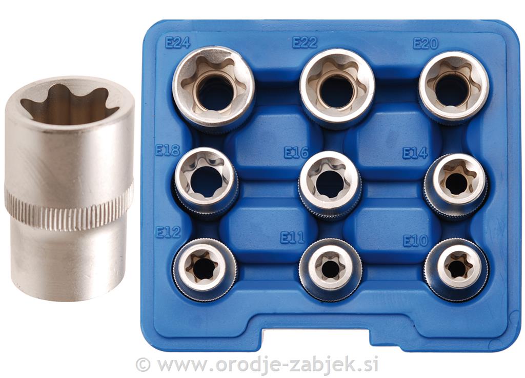 9-delni set nasadnih ključev, E10-E24, 1/2" BGS TECHNIC