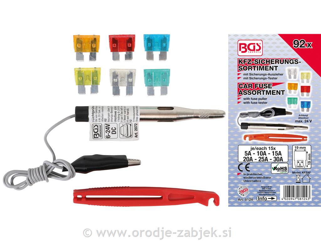 Set avtomobilskih varovalk + tester BGS TECHNIC