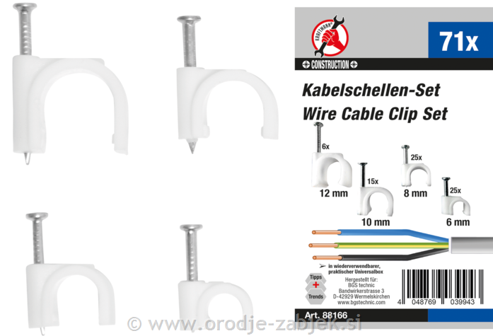 71-delni set objemk za kable z žebljem 6 - 12 mm BGS TECHNIC